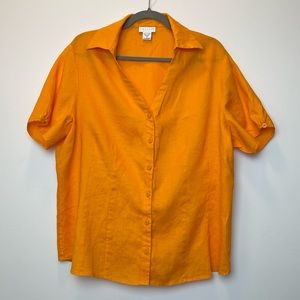 Tweeds Bright Orange 100% Linen Vintage Button Down Short Sleeve Shirt